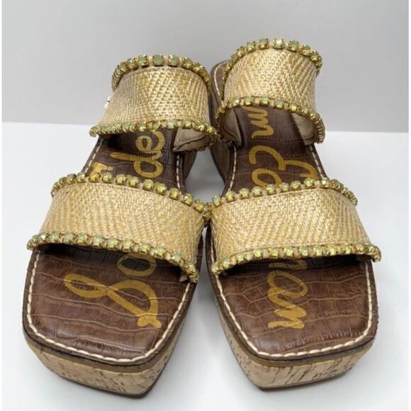 Sam Edelman Angelina Wedges Sandals Raffia Rhinestone Embellished Size 9.5 - Picture 4 of 7